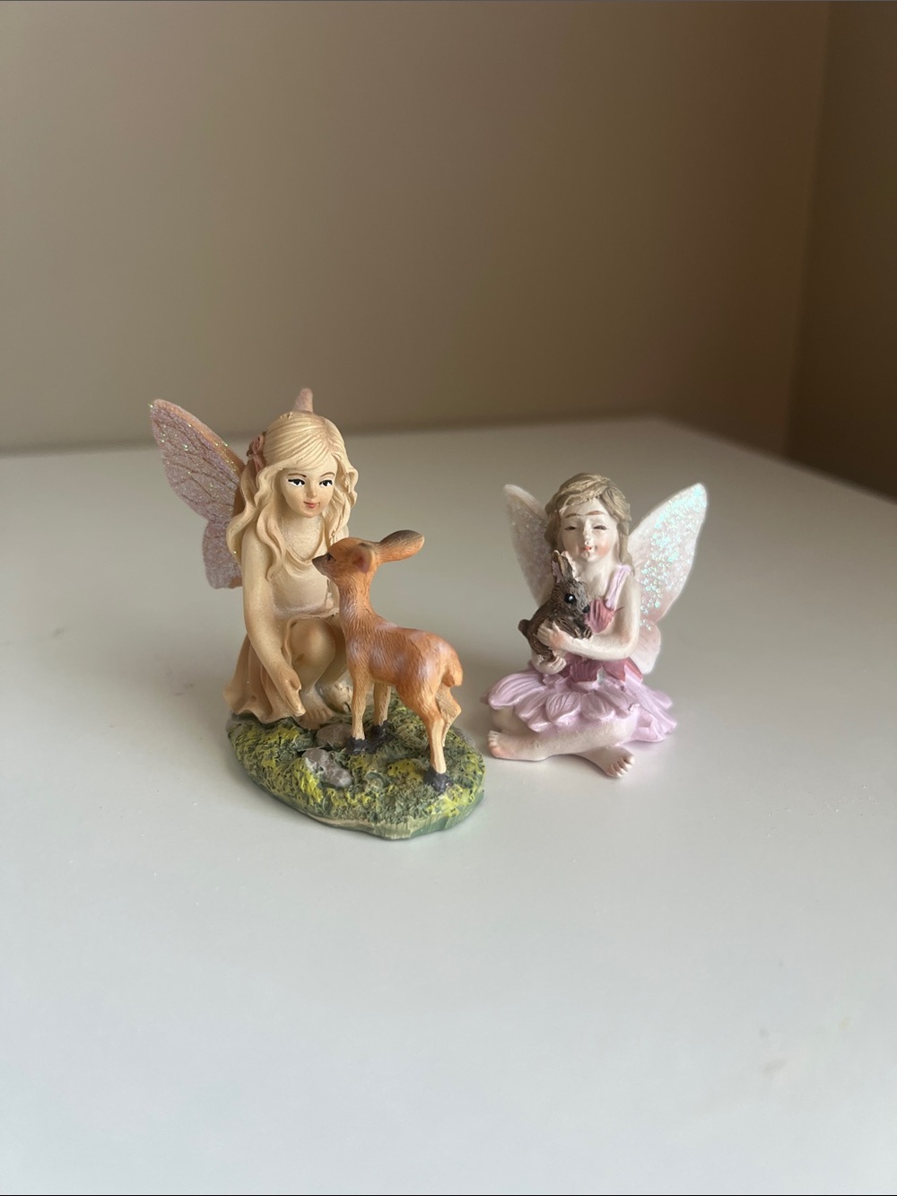 Pair of Pink Winged Fairy Figurines with Deer and Bunny